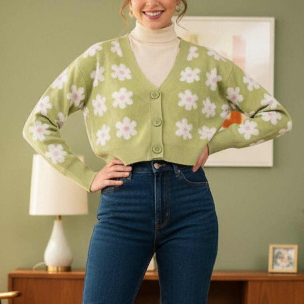 Willow & Wind Cropped Daisy Green Buttoned V-Neck Floral Retro MCM Cardigan S
